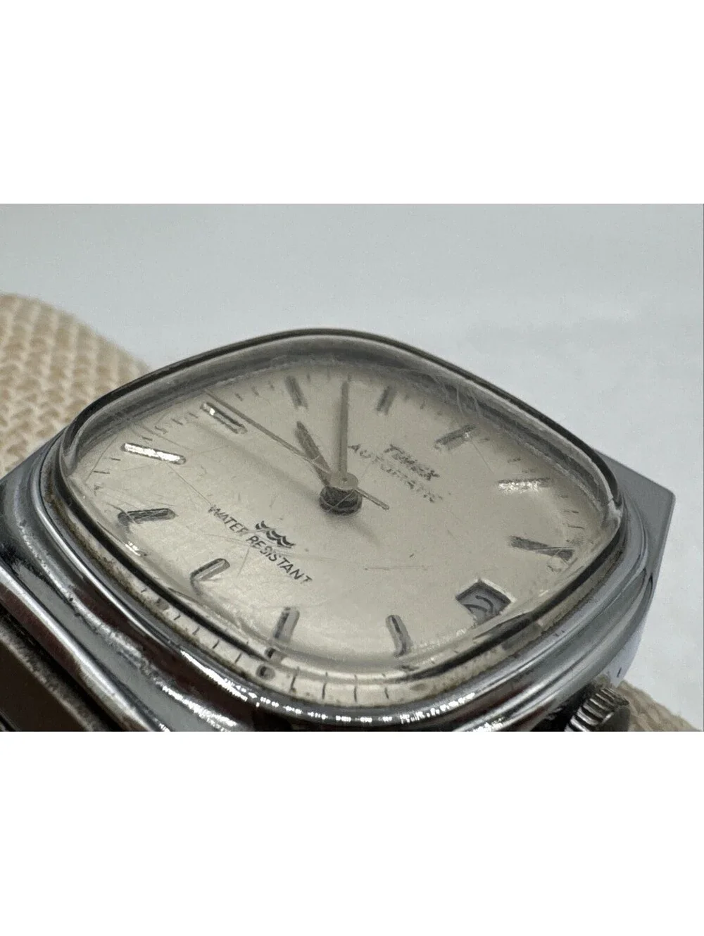 Timex Viscount Calendar Watch 34523 10888 Wind Up Silver Expansion Band Square